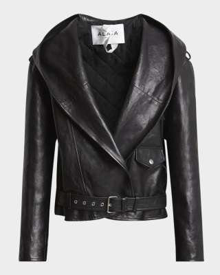 Hooded Wrap Moto Leather Jacket